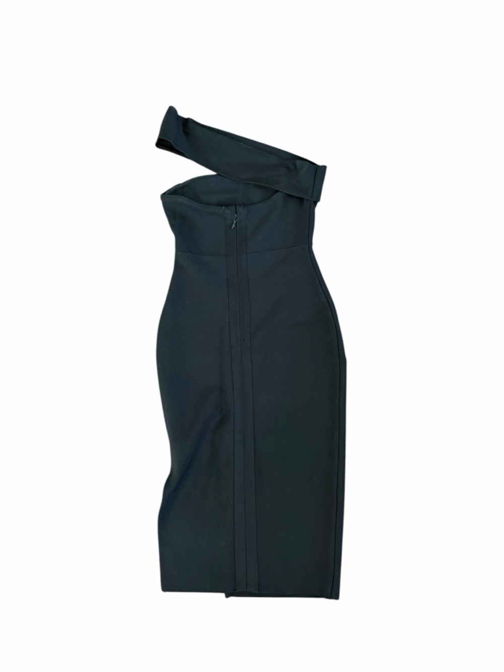 Asymmetric One-Shoulder Black Midi Dress with Front Slit bandage bodycon sz S - Picture 4 of 6